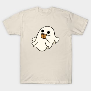 Cute Halloween Ghost Drinking Coffee Spooky Vibes T-Shirt